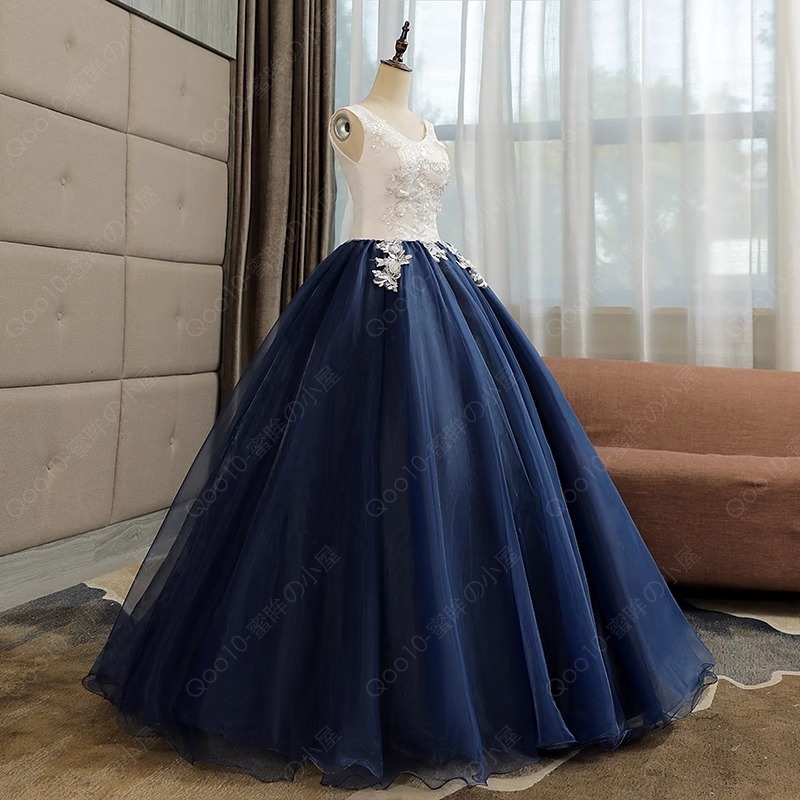 ロングドレス ウェディングドレス 花嫁ドレス カラードレス 結婚式ドレス 披露宴パーティードレス 写真撮影ドレス 紺色 オーダーメイド対応可能-15
